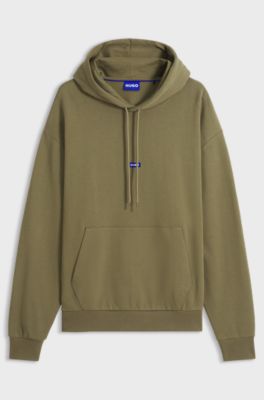 Felpa con cappuccio in terry di cotone con targhetta con logo, Oliva