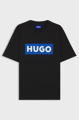 Cotton-jersey T-shirt with blue logo print, Black