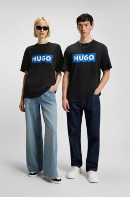 Cotton-jersey T-shirt with blue logo print, Black