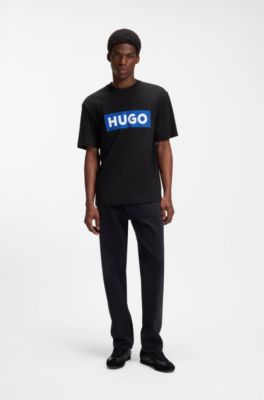 Cotton-jersey T-shirt with blue logo print, Black