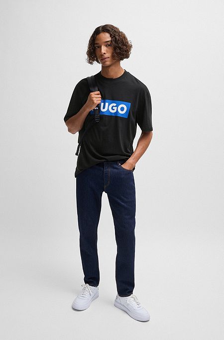Cotton-jersey T-shirt with blue logo, Black