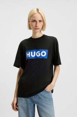 Cotton-jersey T-shirt with blue logo print, Black
