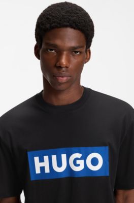 Cotton-jersey T-shirt with blue logo print, Black