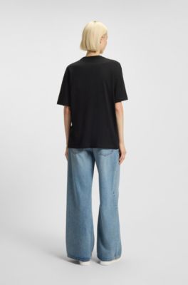 Cotton-jersey T-shirt with blue logo print, Black