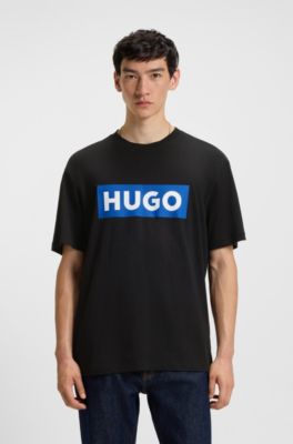 Cotton-jersey T-shirt with blue logo print, Black