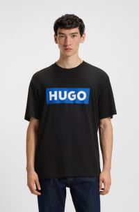 T-Shirt aus Baumwoll-Jersey mit blauem Logo-Print, Schwarz