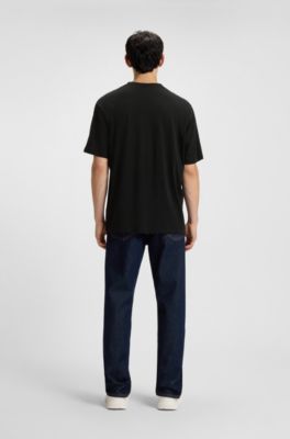 Cotton-jersey T-shirt with blue logo print, Black