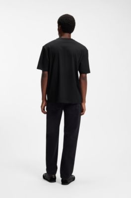 Cotton-jersey T-shirt with blue logo print, Black