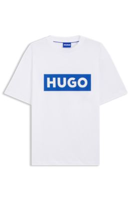 Cotton-jersey T-shirt with blue logo print, White