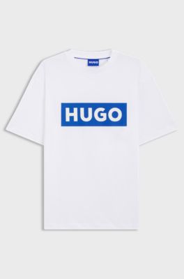 Cotton-jersey T-shirt with blue logo print, White
