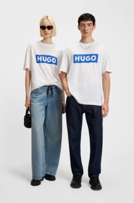 Cotton-jersey T-shirt with blue logo print, White