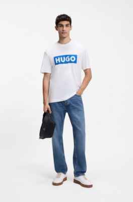 Cotton-jersey T-shirt with blue logo print, White