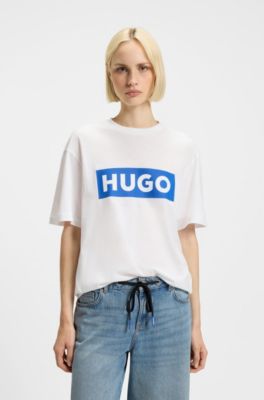 Cotton-jersey T-shirt with blue logo print, White