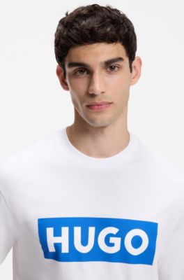Cotton-jersey T-shirt with blue logo print, White