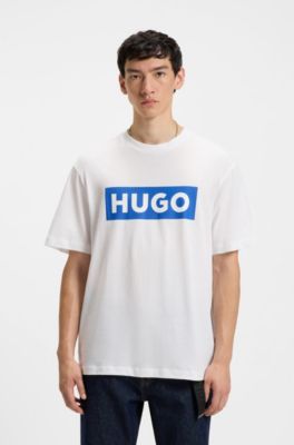 Cotton-jersey T-shirt with blue logo print, White