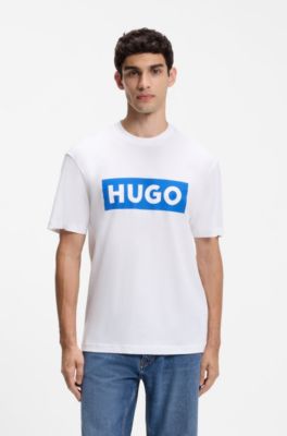 Cotton-jersey T-shirt with blue logo print, White