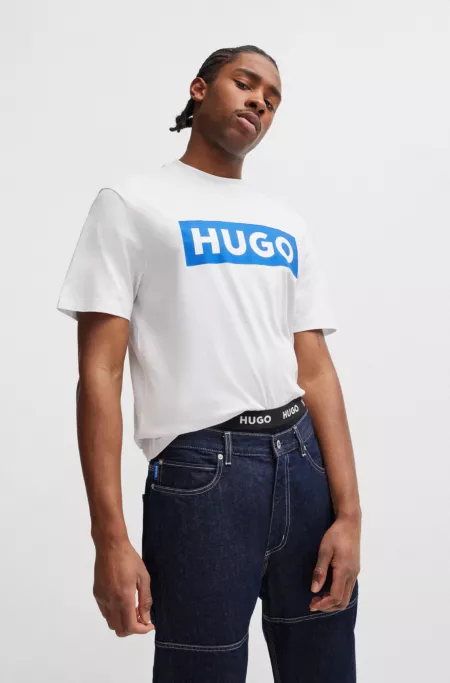 Cotton-jersey T-shirt with blue logo print