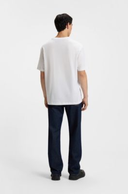 Cotton-jersey T-shirt with blue logo print, White
