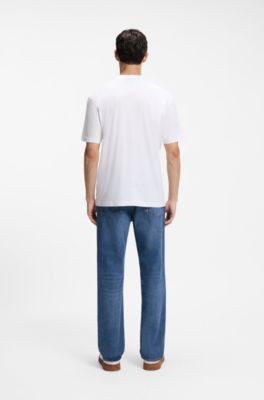 Cotton-jersey T-shirt with blue logo print, White