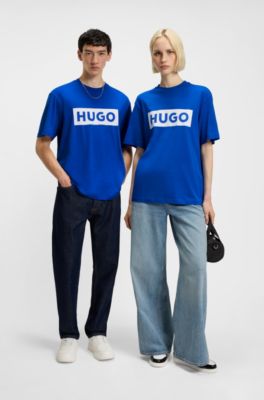 Cotton-jersey T-shirt with blue logo print, Blue