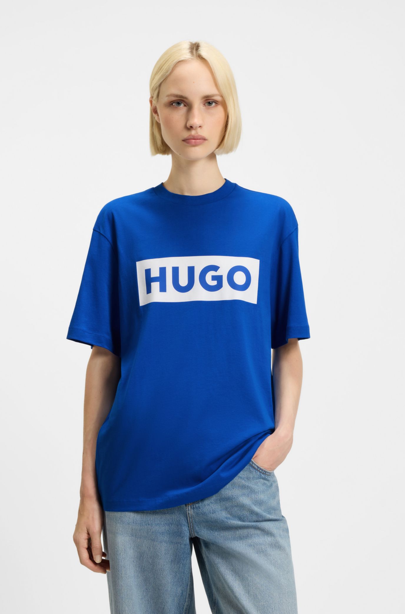 HUGO - コットンジャージー Tシャツ ブルー ロゴプリント - ブルー