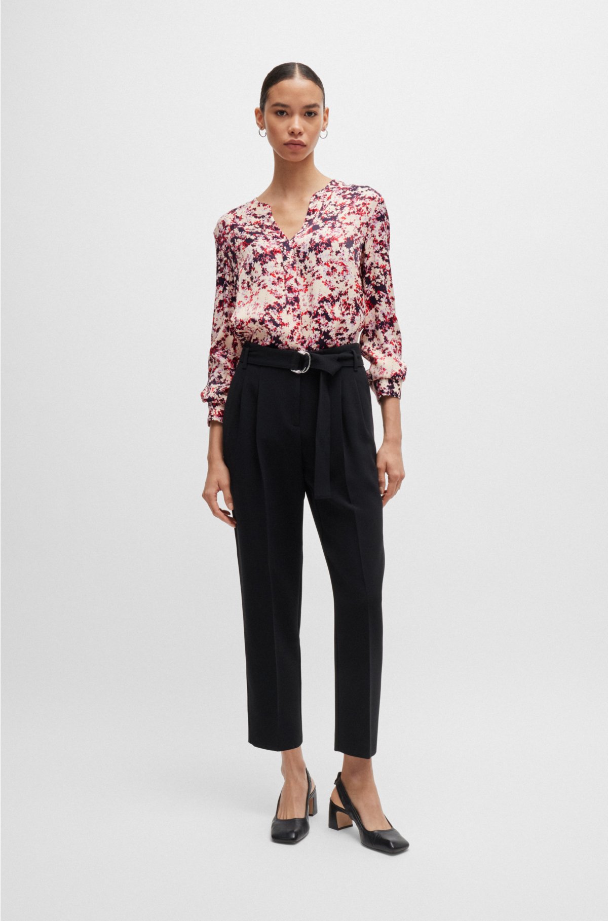 Floral-print blouse in satin with notch neckline, Patterned