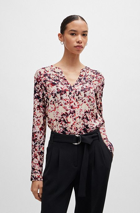Floral-print blouse in satin with notch neckline, Patterned