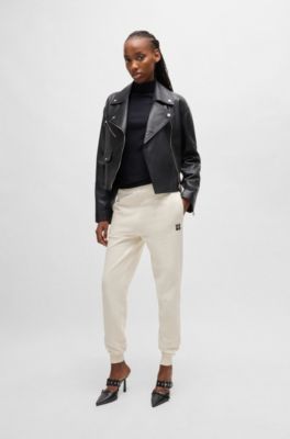 Joggingbroek met logostiksel van katoenen sweatstof, Naturel