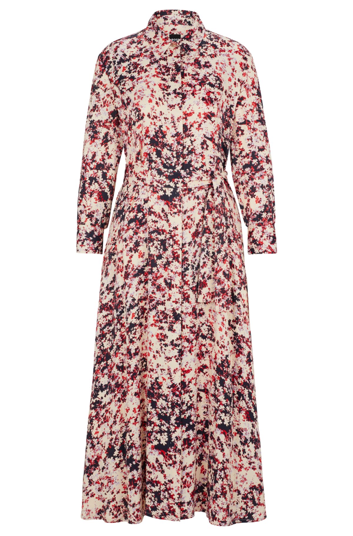 Long-sleeved shirt dress in floral-print satin, Patterned