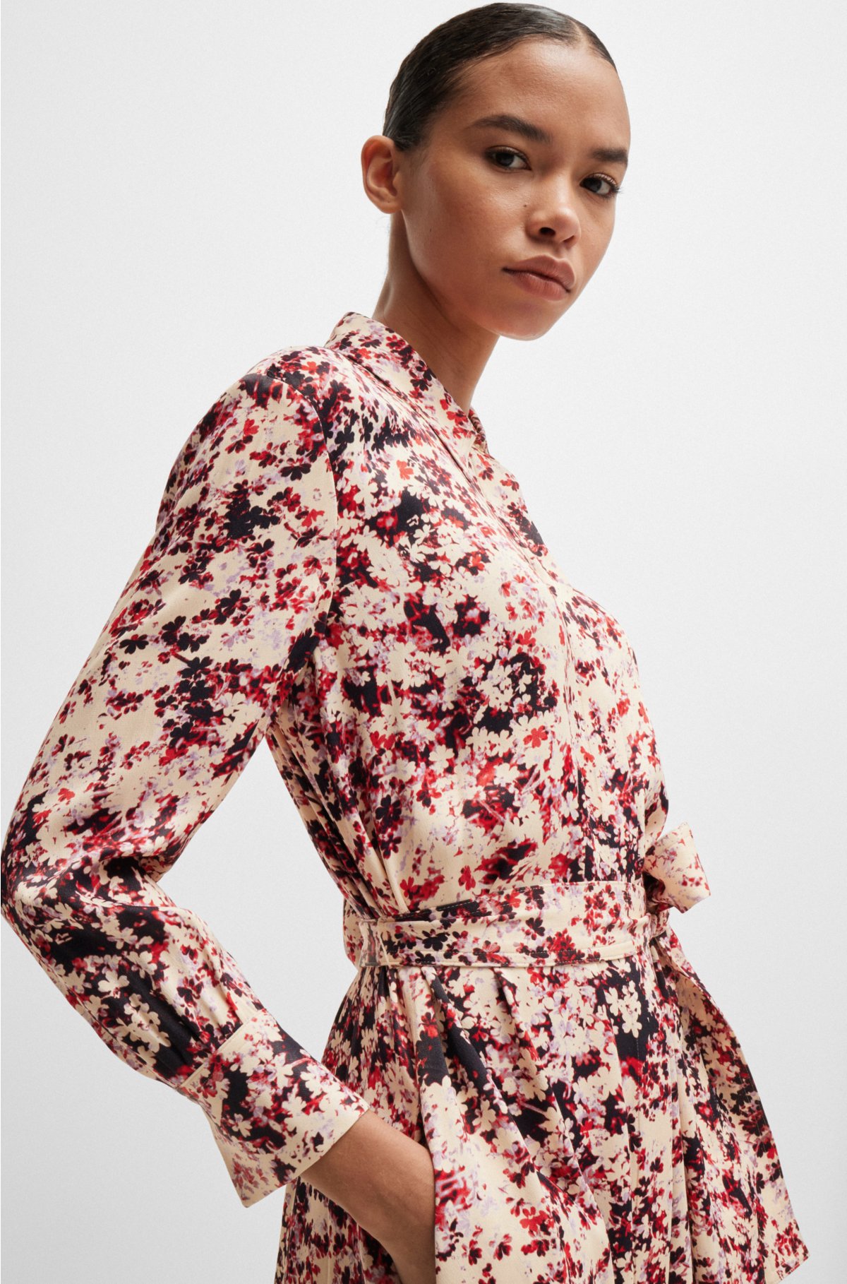 Long-sleeved shirt dress in floral-print satin, Patterned