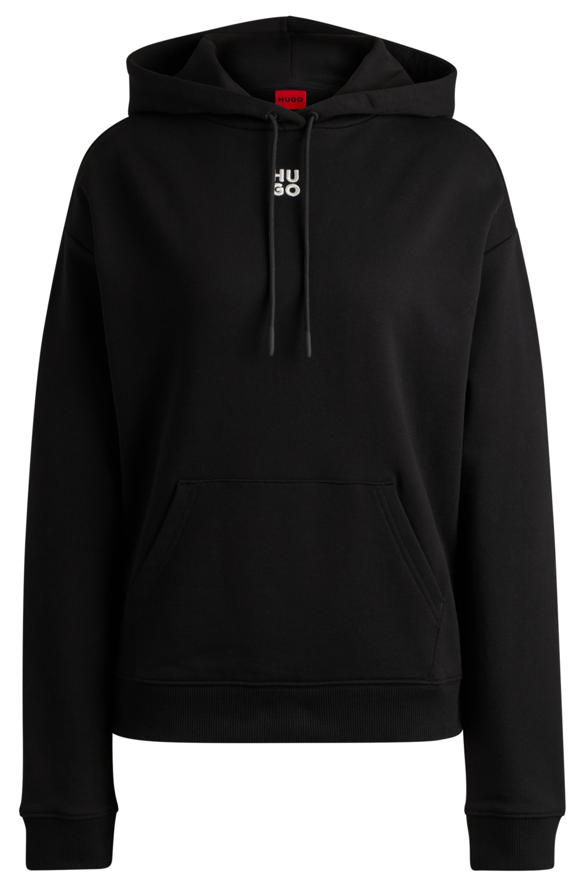 Cotton-terry hoodie with stacked logo and kangaroo pocket, Black