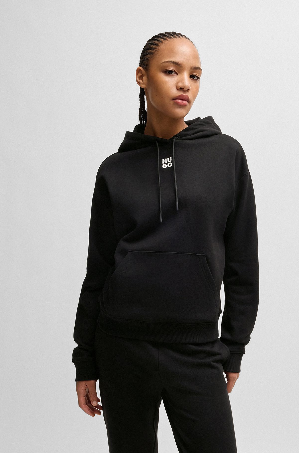 Cotton-terry hoodie with stacked logo and kangaroo pocket, Black