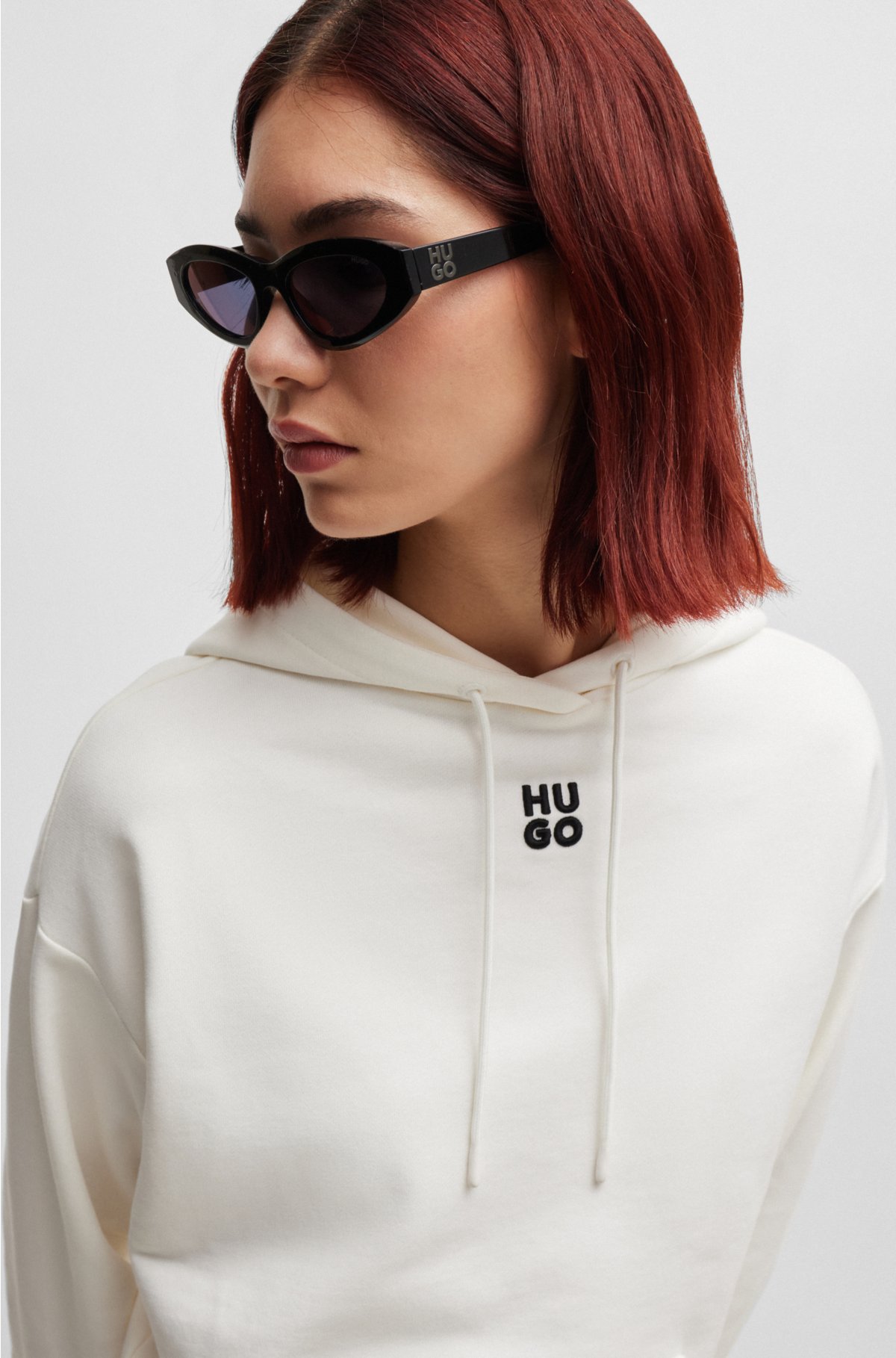 Cotton-terry hoodie with stacked logo and kangaroo pocket, White