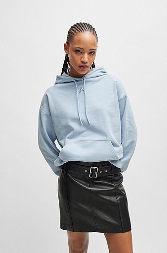 Cotton-terry hoodie with stacked logo and kangaroo pocket, Light Blue