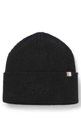 Logo-embroidered beanie hat in wool and cotton, Black