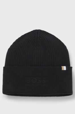 Logo-embroidered beanie hat in wool and cotton, Black