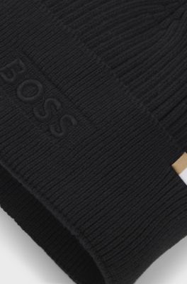 Logo-embroidered beanie hat in wool and cotton, Black