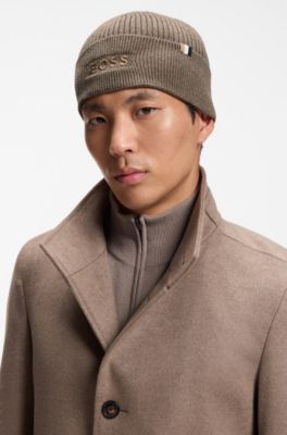 Berretto in cotone e lana con dettaglio con righe tipiche del marchio, Marrone chiaro