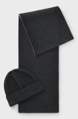 Two-tone-knit hat and scarf gift set, Black