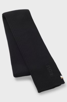 Rib-knit wool-blend scarf with tonal logo, Black