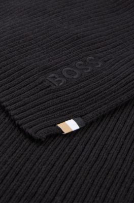 Ribbed scarf in a cotton blend with logo embroidery, Black