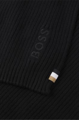 Rib-knit wool-blend scarf with tonal logo, Black