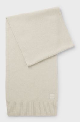Ribbed-hem plain-knit scarf with woven logo badge, Light Beige