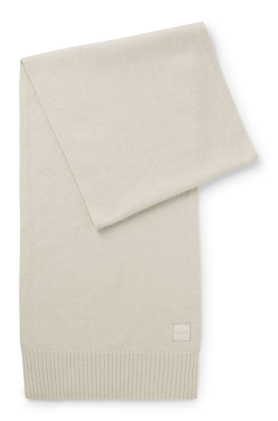 Ribbed-hem plain-knit scarf with woven logo badge