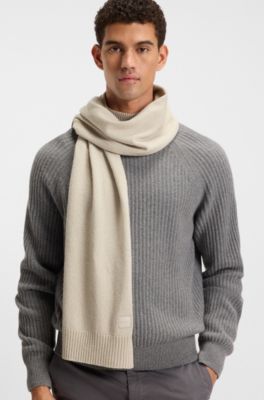 Ribbed-hem plain-knit scarf with woven logo badge, Light Beige