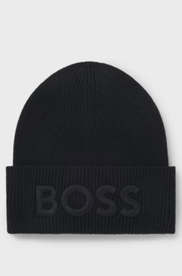 Wool-blend beanie hat with embroidered logo, Black