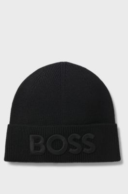 Wool-blend beanie hat with embroidered logo, Black