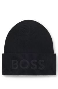 Gorro de punto en mezcla de lana con logo bordado, Negro