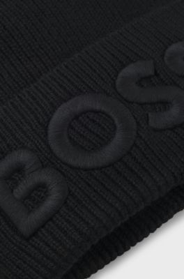 Wool-blend beanie hat with embroidered logo, Black