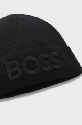 Wool-blend beanie hat with embroidered logo, Black